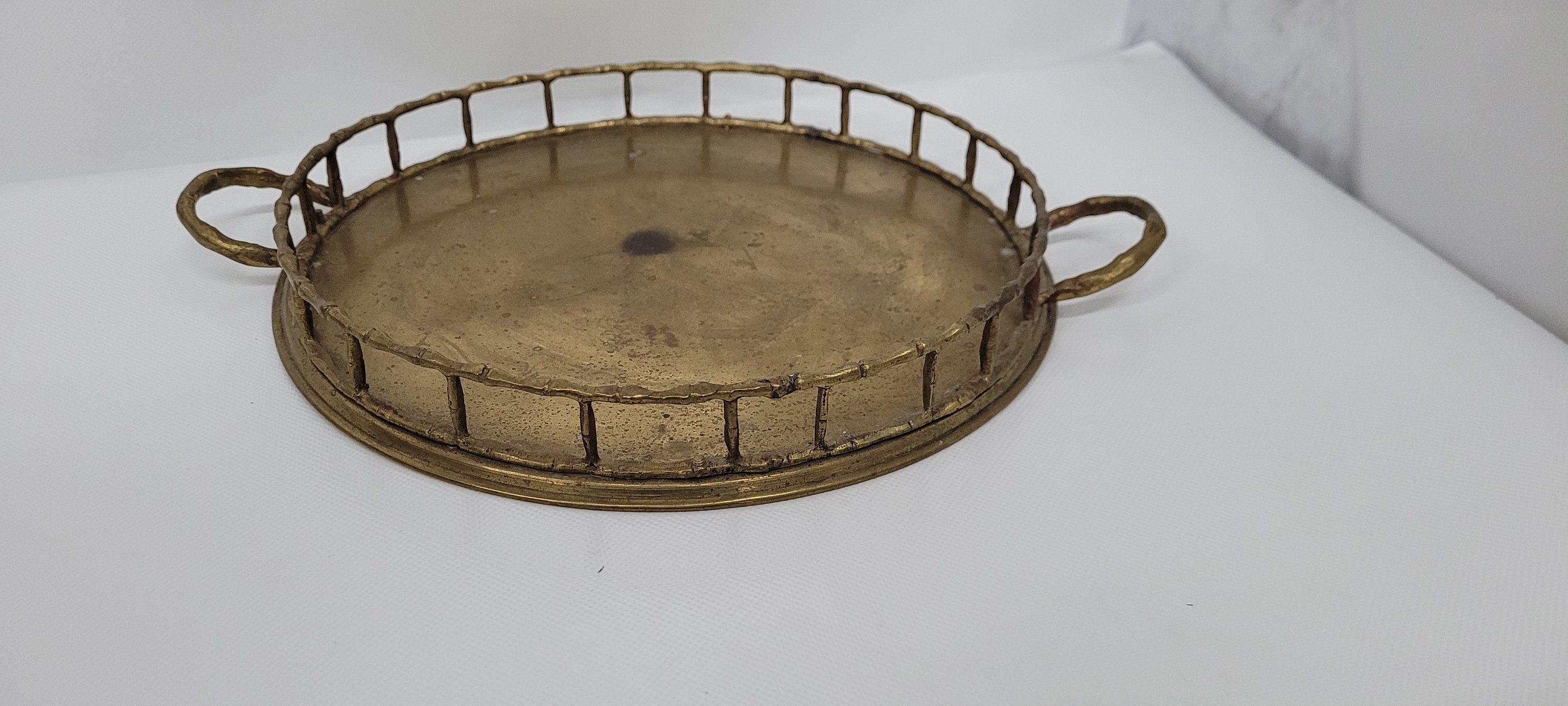 Vintage Brass Faux Bamboo Serving Tea Tray or Asian Oval Vanity