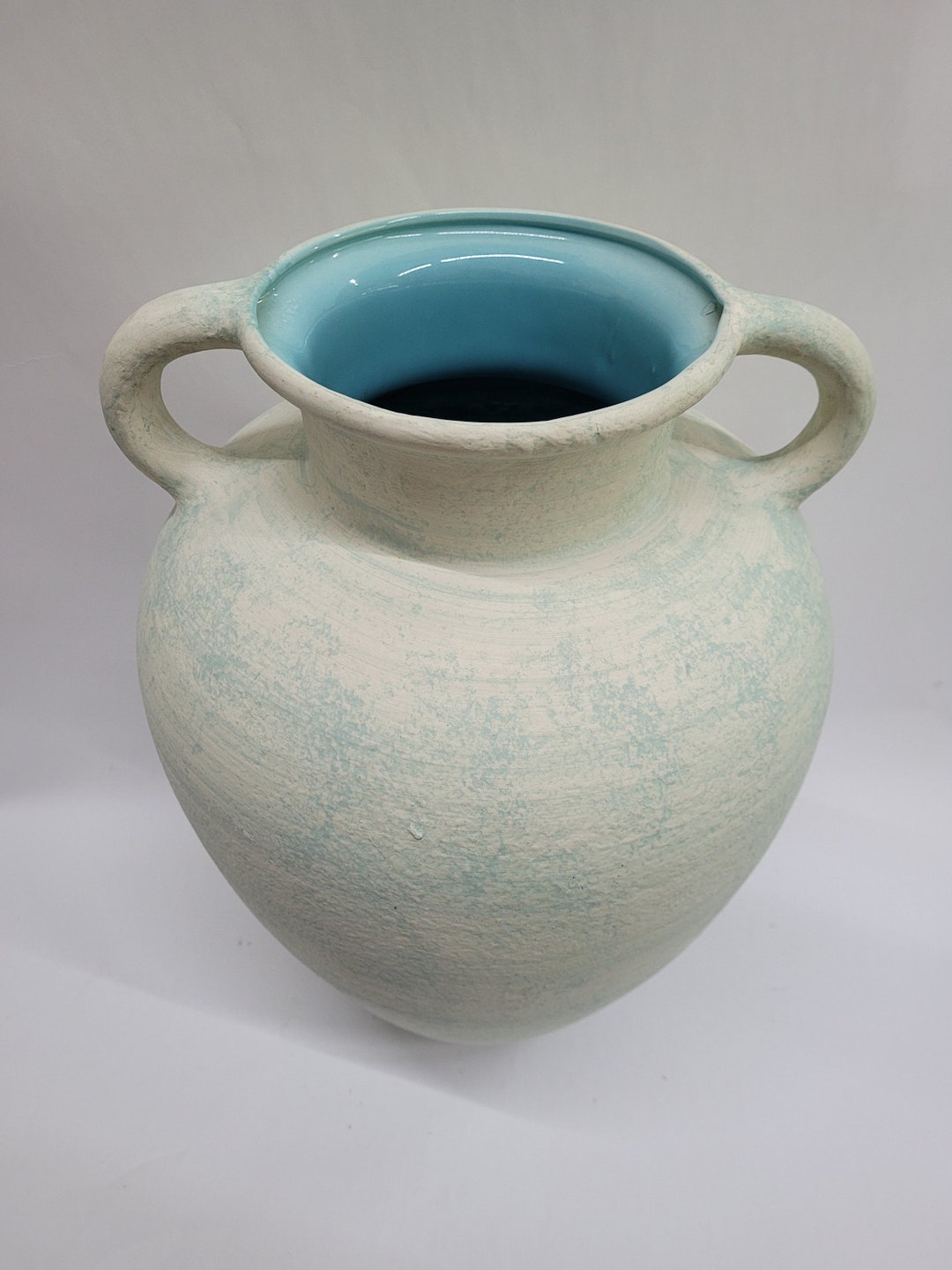 Vintage Haeger Pottery Jug Handle Vase White Aqua Blue or Turquoise