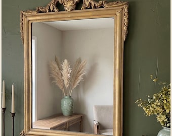 Hollywood Regency Wood Wall Mirror Gilded Shell Crest Frame, Dark Academia Baroque Mantel Decor