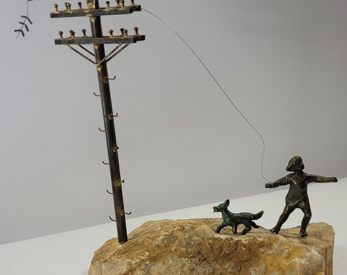 Large Mid Century Modern Kite Flying Boy Dog Electrical Wire Vintage ...
