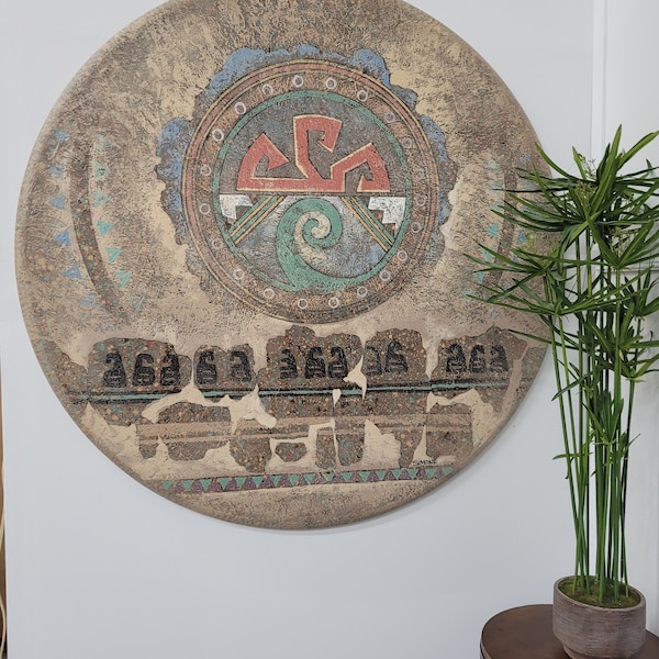 Vintage Hand Painted Signed Simone Vanguard Studios Wall Art Hanging Aztec Design Round Disk