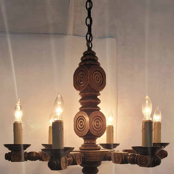 Mid century modern wood chandelier 6 arm hanging light designer lighting