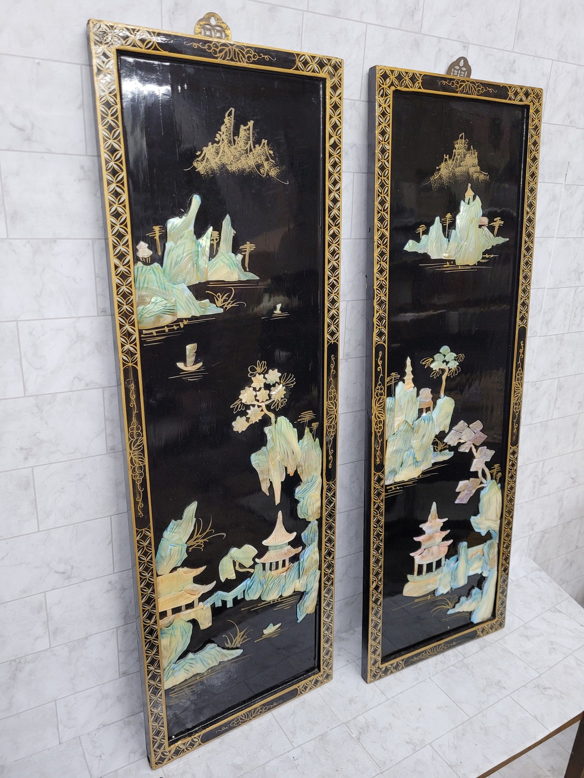 Vintage Pair Oriental Wall Art Hanging Asian Decor Wood Frame Etsy