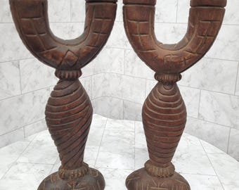 Mid Century Wood Candle Holders Hand Carved Tribal Pair Candelabras