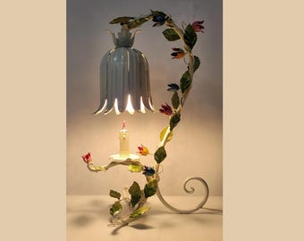 Vintage Floral Table Lamp Hand Painted, Italian Tulip Shade Tole, Cottagecore Chateaucore Decor