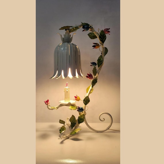 Vintage Floral Table Lamp Hand Painted, Italian Tulip Shade Tole