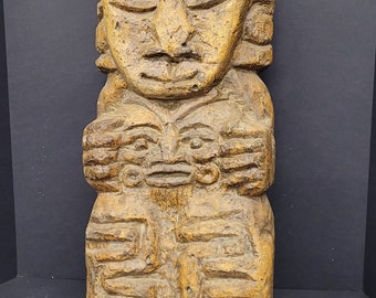 Vintage tiki man sculpture large 31" wall hanging hand craved statue terracotta clay chalk stone
