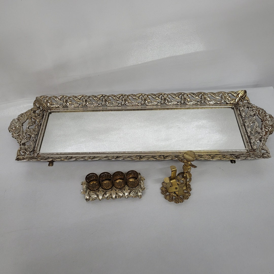 Vintage Silver Metal Vanity Perfume Holder Dresser Tray Mirror Lipstick