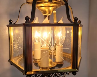 Vintage Brass Lantern Neo Decor Starburst Etched Glass Chandelier Entryway, Old World Glam