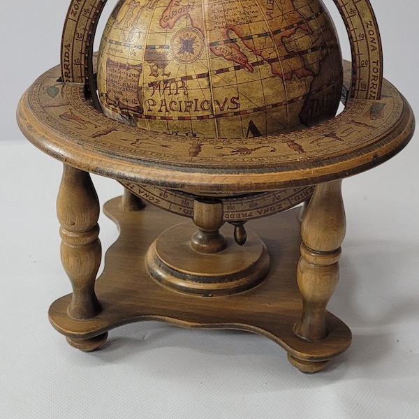 Mid century Italy World Globe Spear Wood Round Map Display Holder Italian Zodiac Signs