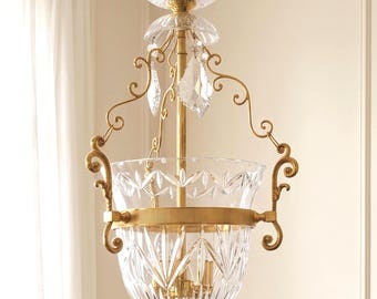 1960s Brass Crystal Bowl Chandelier, Hollywood Regency French Empire Pendant Lighting