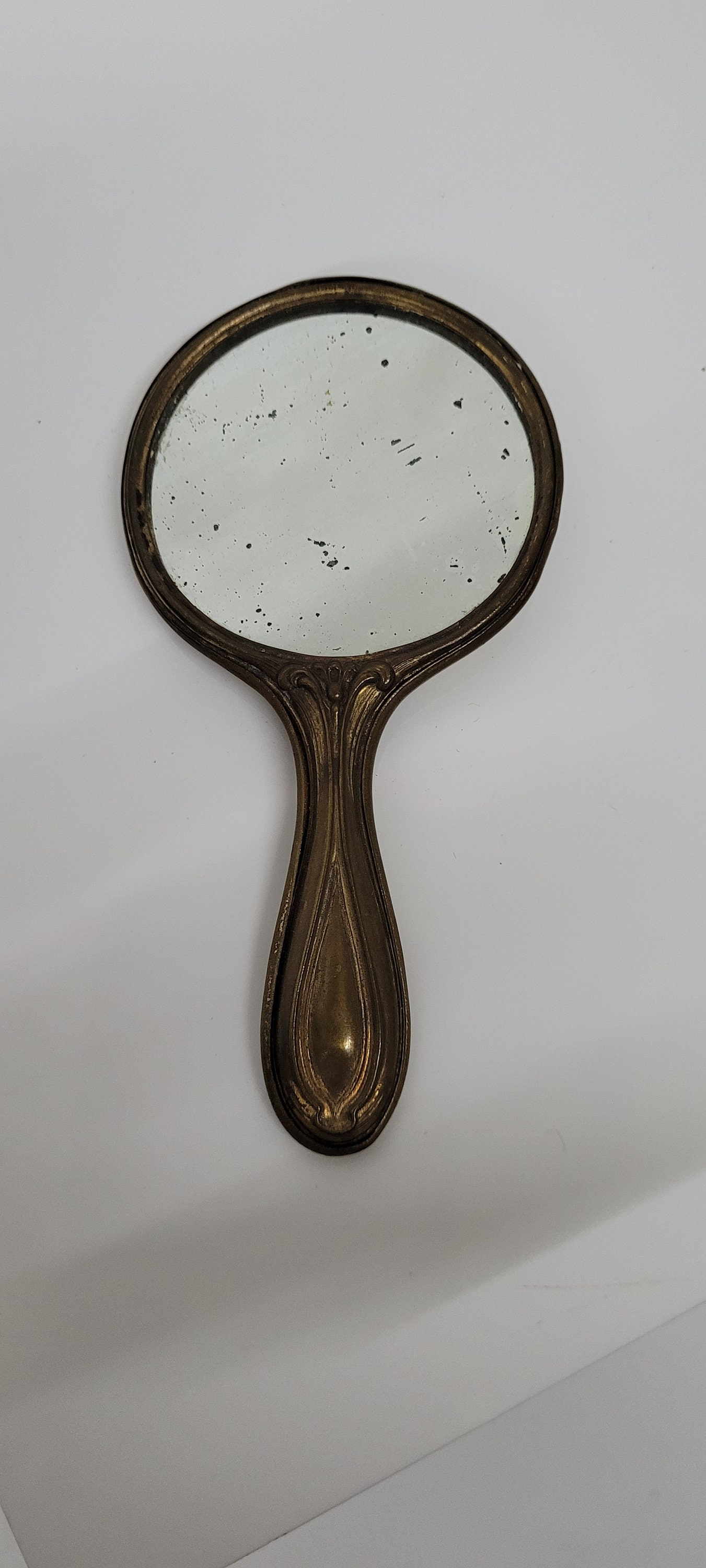 Vintage Art Nouveau Gilt Metal Mini Hand Mirror Vanity