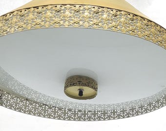 Vintage Yellow Gold Tole Filigree Ceiling Light French Granny Retro Kitchen Cottage Core