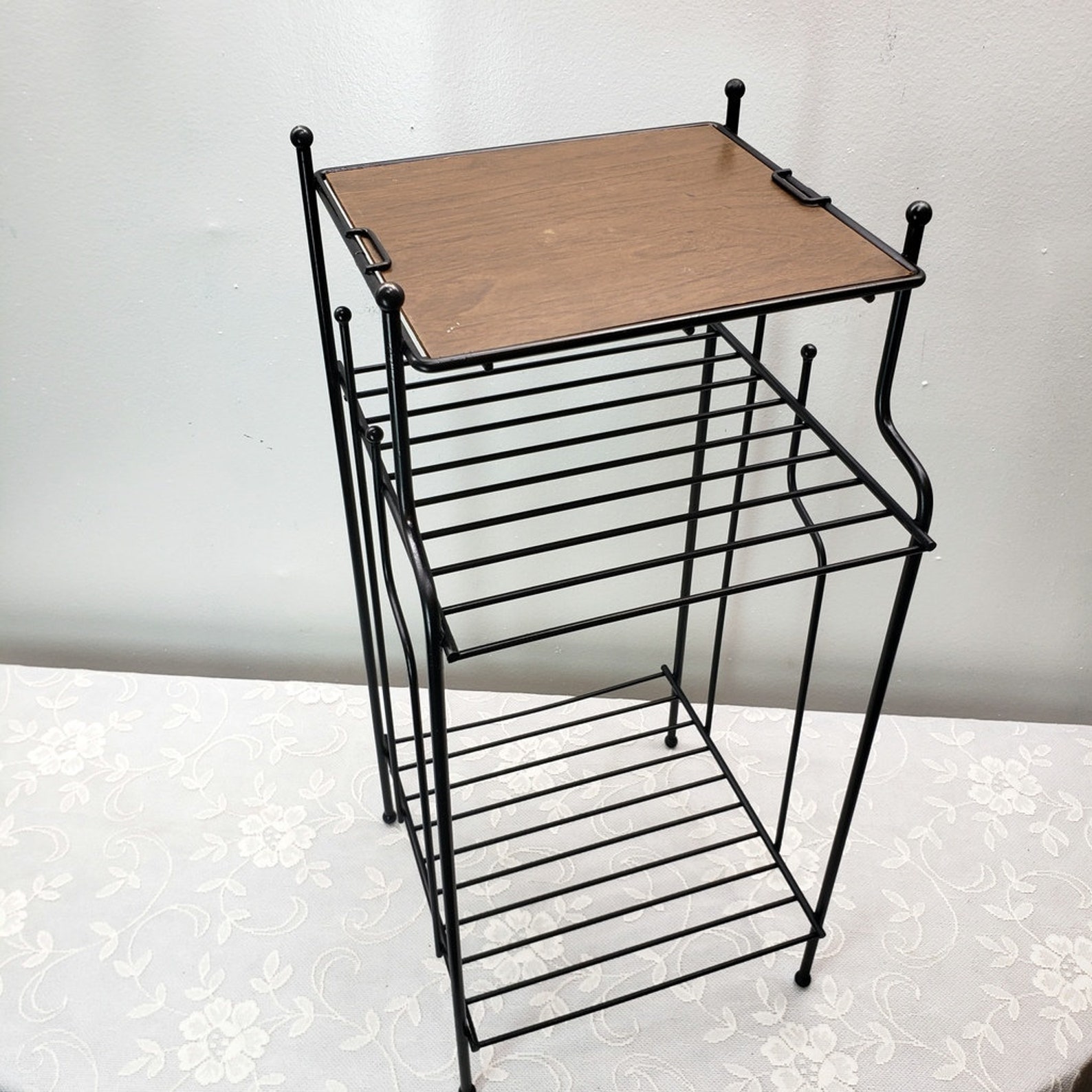 Mid Century Modern Telephone Table Wood and Black Metal Etsy