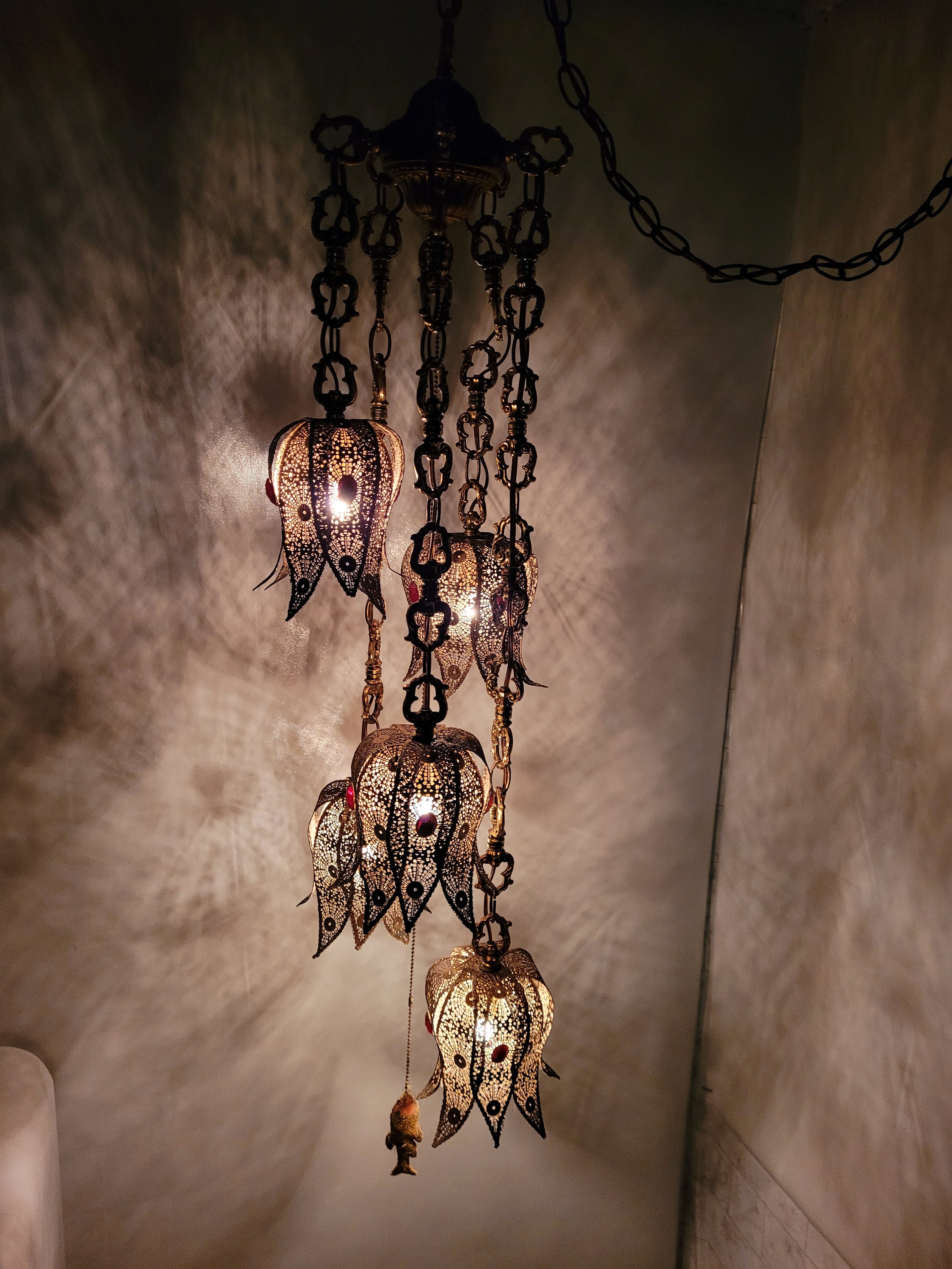 Ornate Gold Filigree & Crystal Hollywood Regency Swag Lamp
