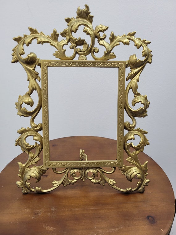 Vintage Victorian Highly Decorated GOLD GILT Cast Iron PIcture FRAME Easel  Stand