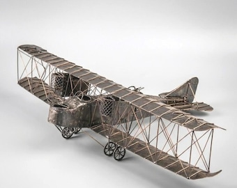 1970s Metal Biplane Sculpture Brutalist Aviation Art, Welded Airplane Model Pilot Gift