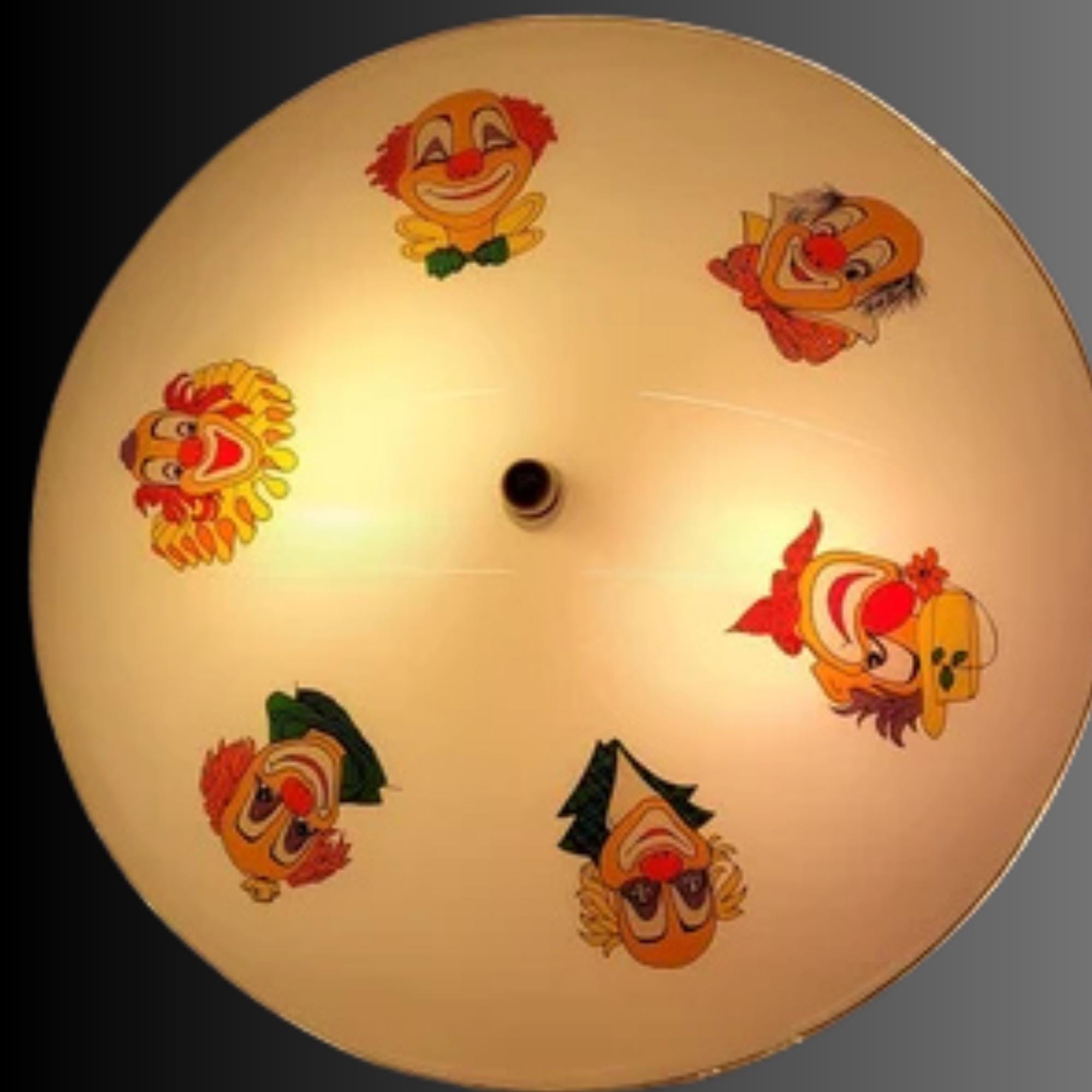 Vintage Clown Ceiling Light Fixture 1950s Glass Dome Shade Mid Century Circus Theme Flush Mount Light Whimsical Nursery or Kids Room