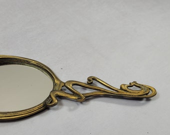 Vintage Art Deco Gold Silver Hand Mirror Vanity Make up bathroom dresser accessories