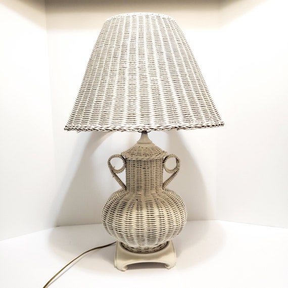 On Hold Vintage White Wicker Table Lamp Urn Sculptural Shaped