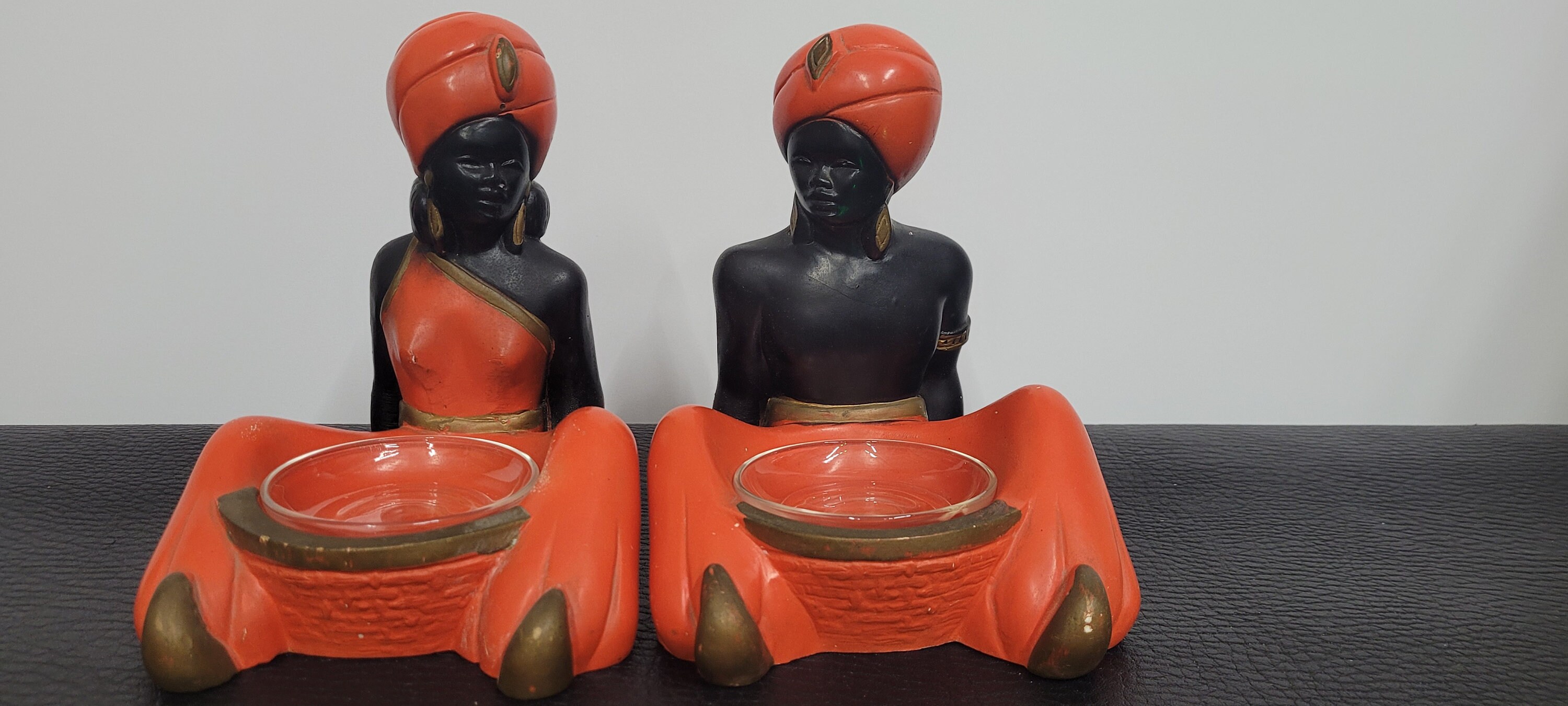 Vintage Chalk Pair Blackamoor Genie Arabian Table Top Art
