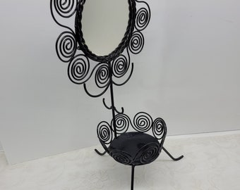 Mid Century Modern Tony Paul Vanity Mirror and Tray Black Metal Circle Spiral Wire Art