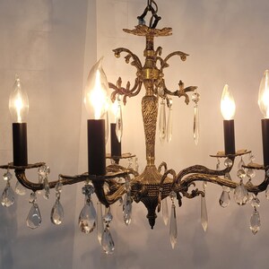 Vintage Petite Mid Century Brass Crystal Prism Chandelier 5 Arm Light  Hanging Gothic