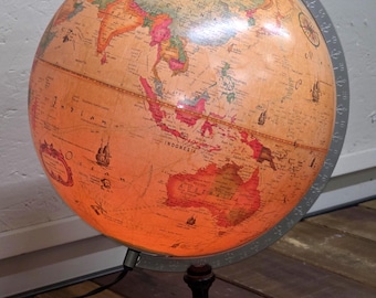 1980 Replogle World Discoverer, Illuminated Parchment Desk Globe, Wood Base