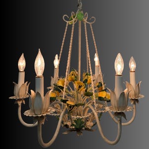 Vintage Italian Tole Chandelier Yellow Roses Flower Ceiling Hanging Light CottageCore Style Home Decor French County Farmhouse Lighting