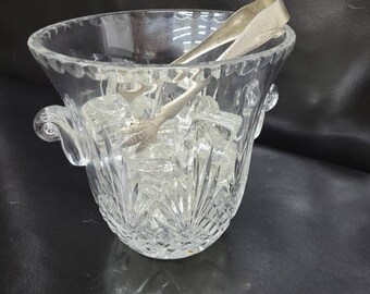 Cubitera de cristal vintage con pinzas para cubitos de hielo y accesorios para carrito de bar, estilo Hollywood Regency.