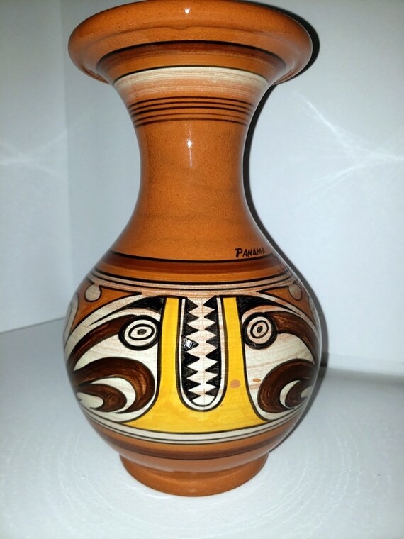 Vintage Art Pottery Vase Aztec Mexican Style Design Signed Mid Etsy