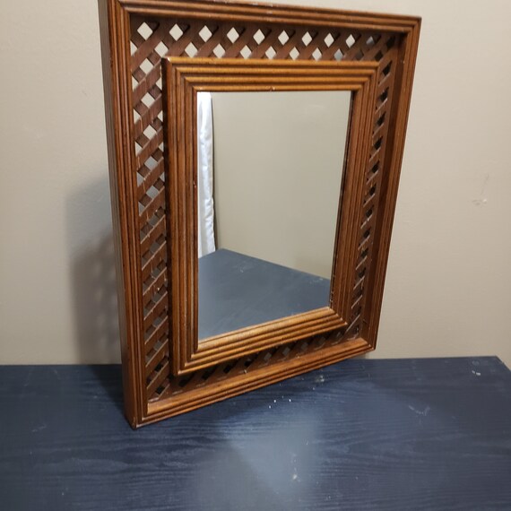 Vintage Lattice Wood Framed Mirror Wall Hanging Frame Mid Etsy