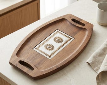 Walnut Charcuterie Board Mid Century Serving Tray Georges Briard Ceramic Tile Cheese Bar Cart