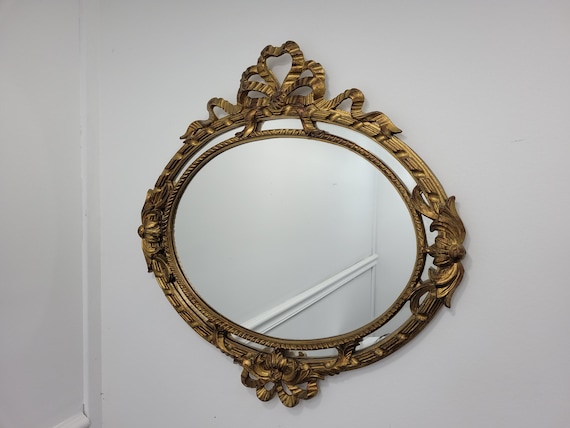 Vintage Oval Wall Mirror Petite Antique Gold Gilt Hanging Bow Flowers  Ornate Italian Made in Italy -  Israel