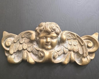 1960 Brass Cherub Wall Plaque Large Baroque Putto Medallion Ornate Decor