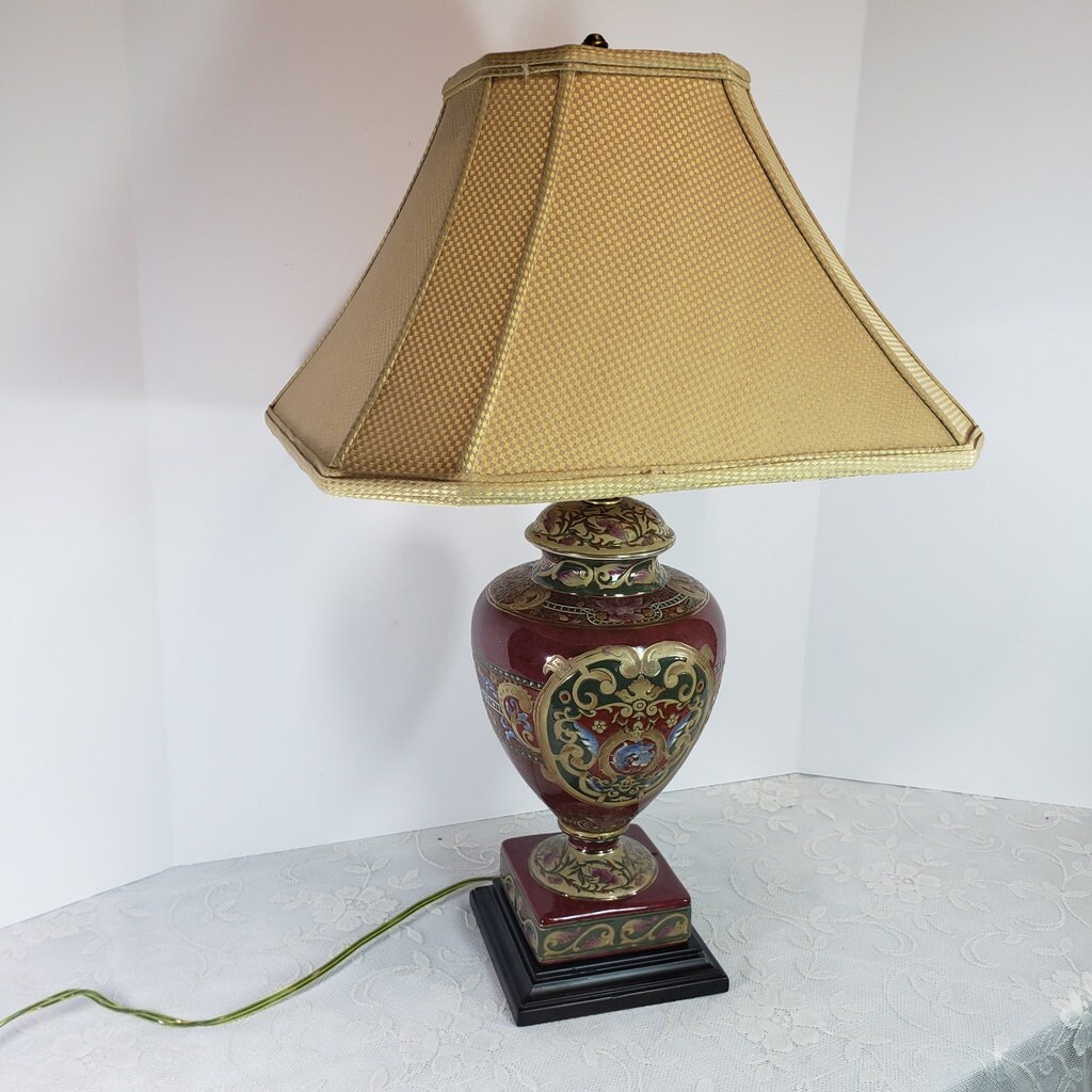 Vintage Asian Red Table Lamp Antique Ceramic Enamel Oriental Etsy