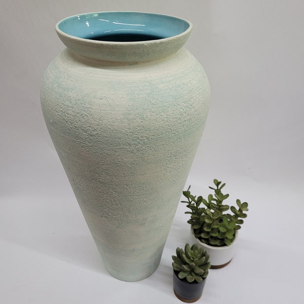 Vintage Haeger Pottery Vase White Aqua Blue or Turquoise Textured Art Pottery Floor Vase