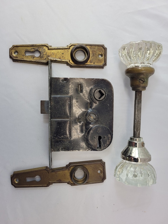 Vintage Antique Glass Door Knobs Brass Plates Skeleton Key Locks