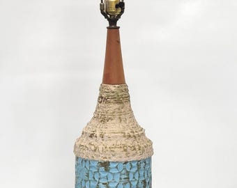 1960s Fat Lava Ceramic Lamp, MCM Walnut Neck, Atomic Drip Glaze Pottery