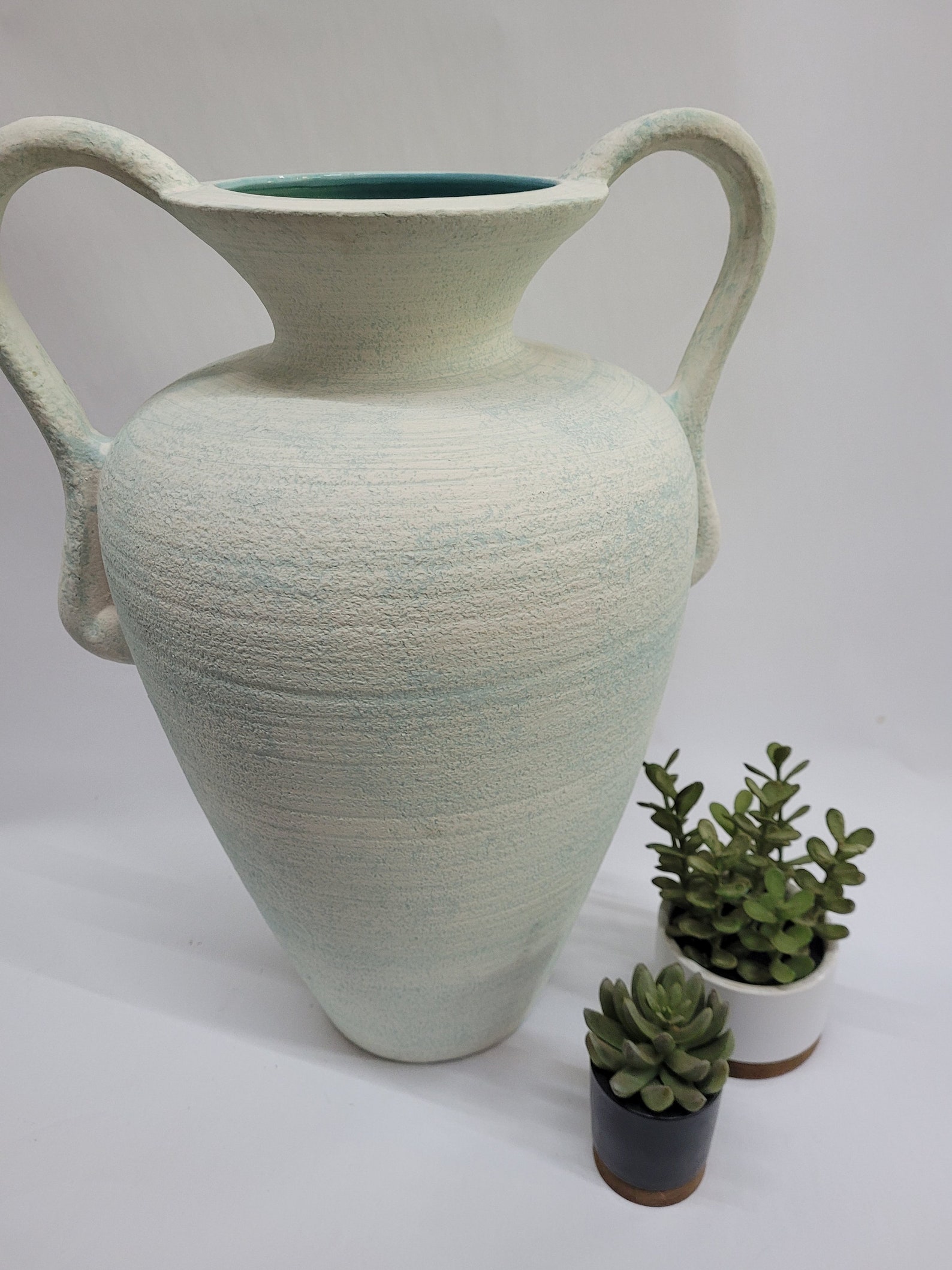 Vintage Haeger Pottery Jug Handle Vase White Aqua Blue or Etsy