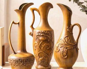 Set of 3 Royal Haeger Ewer Vases, Gold Ceramic Pottery Pitcher Set, Mid Century Old World Mantel Decor
