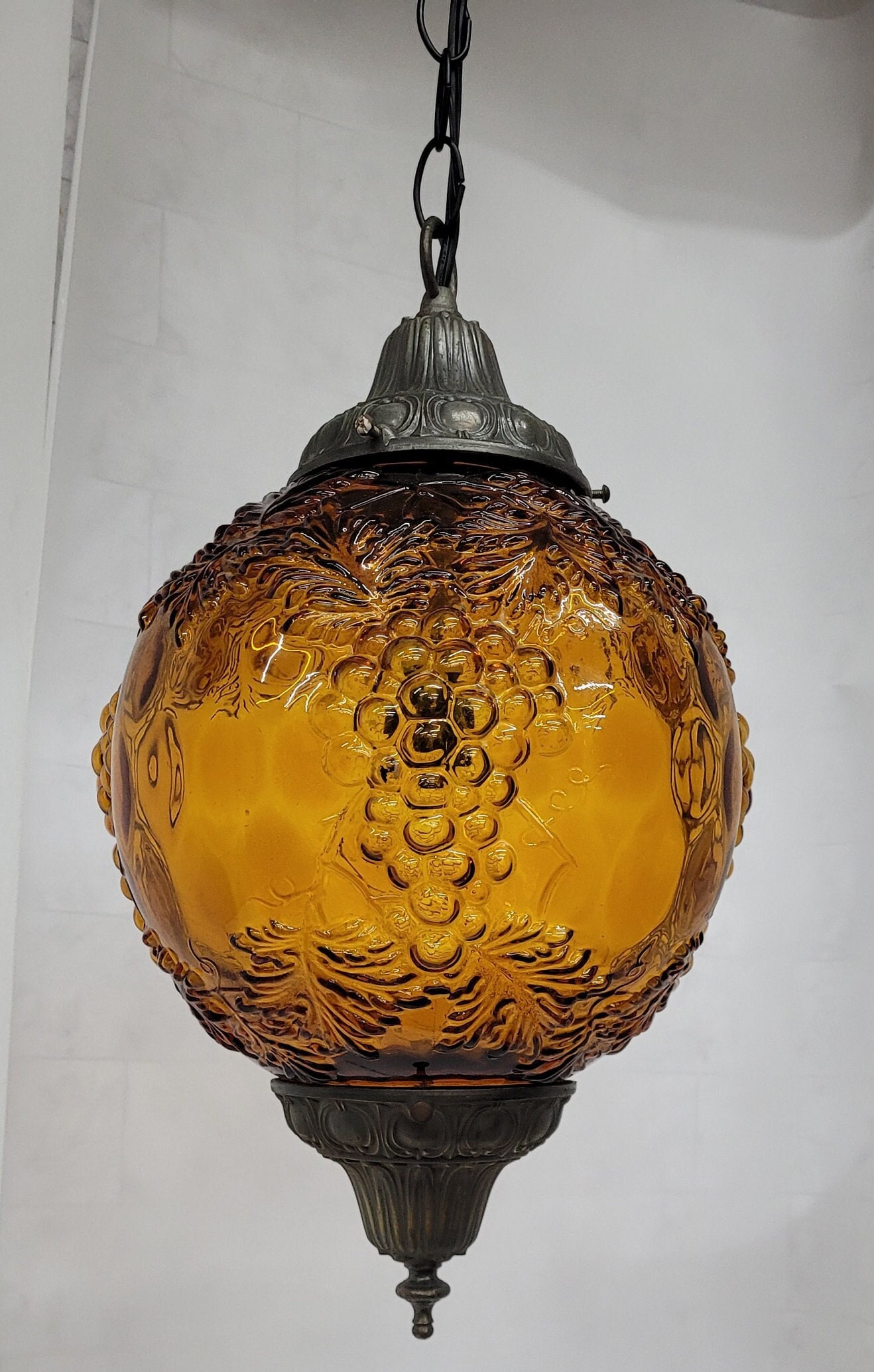 Vintage Gold Glass Swag Hanging Lamp Plug in Light Hollywood