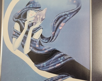 Vintage Post Modern Litho Print Mystical Sea Concha Shell Lady Framed 1990 Wall Art