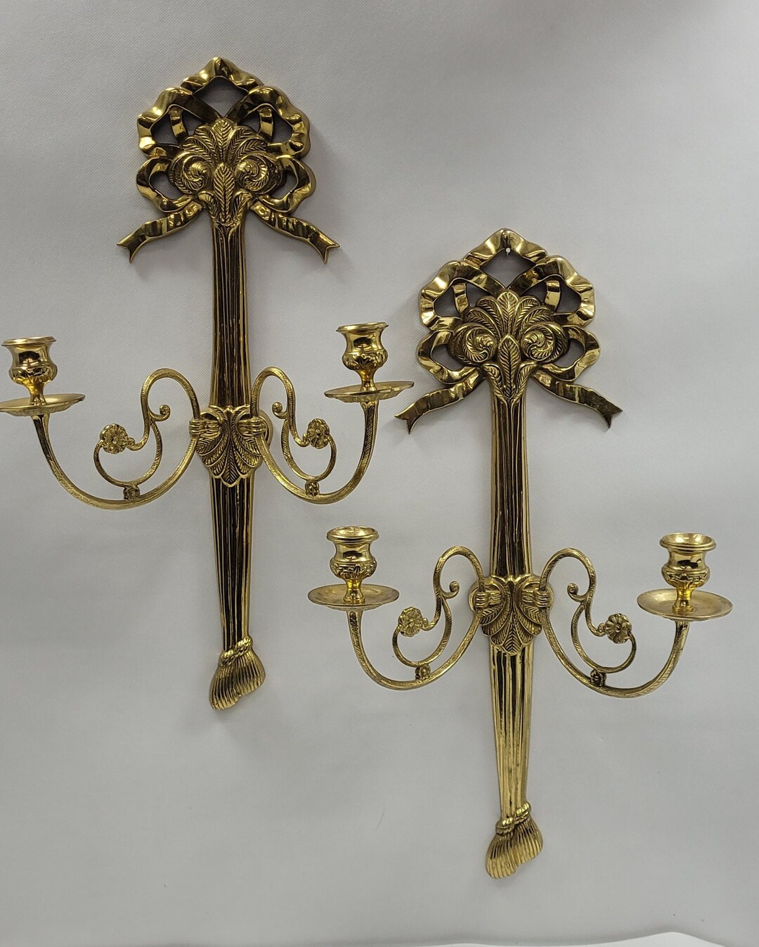 Vintage French Brass Wall Sconce Dual Arm Bows Candle Holder
