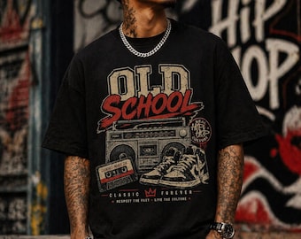 PNG de la vieja escuela, diseño vintage de hip hop, gráfico de radiocasete retro, camiseta de streetwear de los 90, cinta de casete, arte urbano de hip hop, descarga instantánea