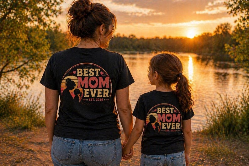 K&ouml;nnte beinhalten: Zwei schwarze T-Shirts mit dem Aufdruck "BEST MOM EVER" in einem kreisf&ouml;rmigen Design. Das Design enth&auml;lt eine Silhouette einer Mutter und eines Kindes. Die Shirts werden von einer Mutter und ihrem Kind an einem See bei Sonnenuntergang getragen.