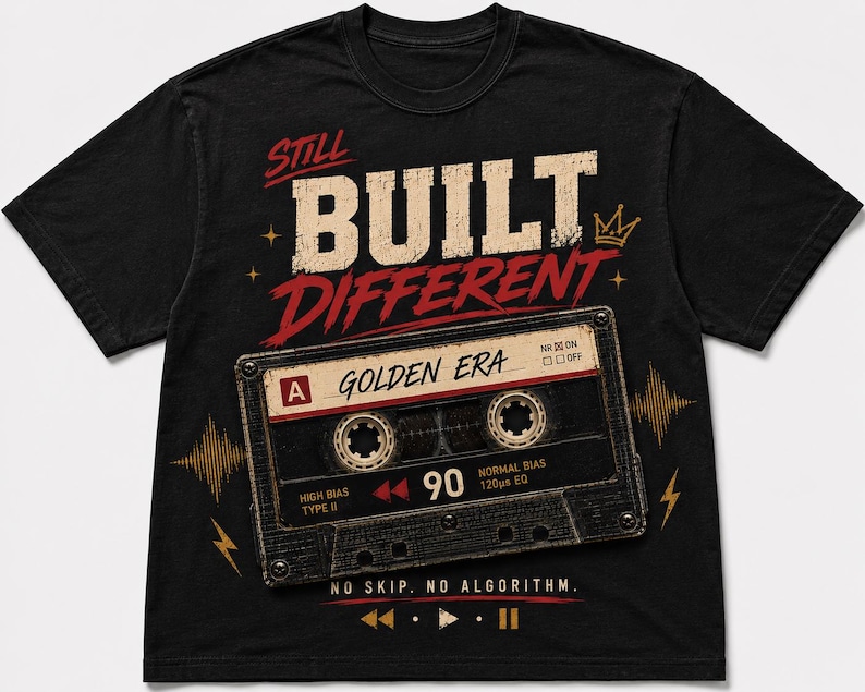 May include: Black t-shirt with the text "STILL BUILT DIFFERENT" in white and red, and a cassette tape graphic. The cassette tape says "GOLDEN ERA" and "90". The shirt also has the text "NO SKIP. NO ALGORITHM."