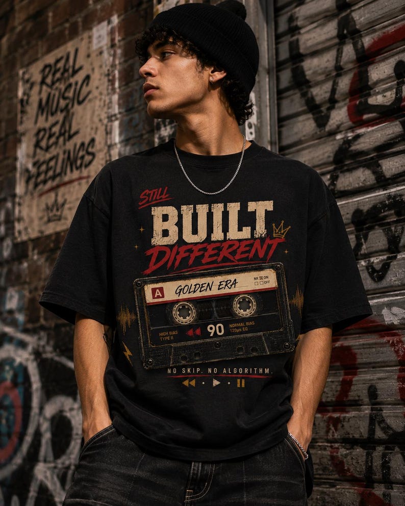 May include: Black t-shirt with the text "STILL BUILT DIFFERENT" and a cassette tape graphic that reads "GOLDEN ERA" and "90". The shirt also has the text "NO SKIP. NO ALGORITHM." The person is wearing a black beanie and a silver chain.