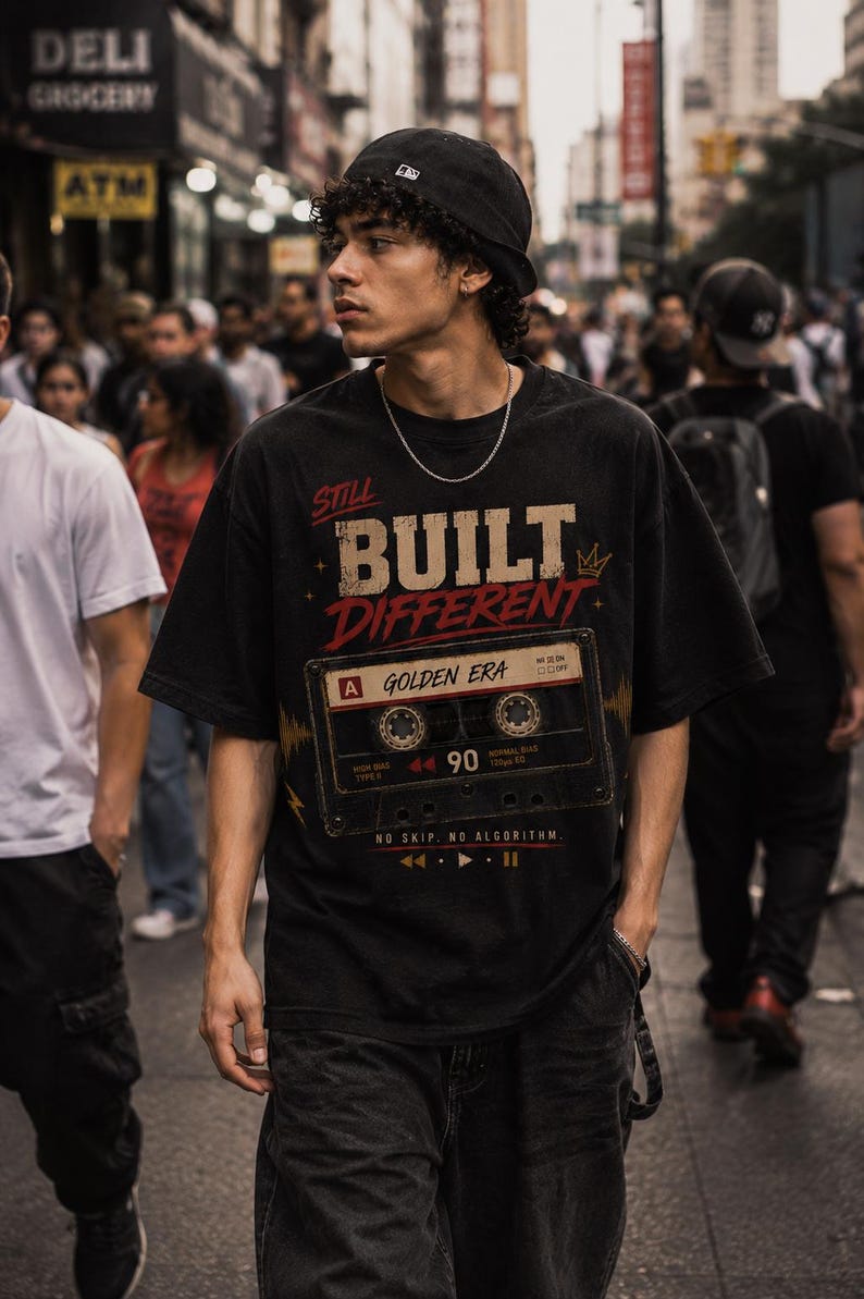 May include: Black t-shirt with the text "STILL BUILT DIFFERENT" and a cassette tape graphic. The shirt also has the text "A GOLDEN ERA" and "NO SKIP. NO ALGORITHM."
