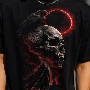 Gotisk skalle, korp PNG, mörk förmörkelse-tröjadesign, läskig Halloween-skalle, nödställd grunge-grafik, gotisk sublimeringsfil